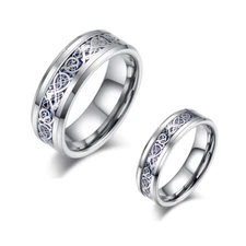 Tungsten Simple Couple Ring Blue Celtic Dragon Token Lovers Promise Wedding Band