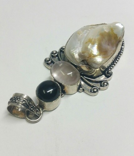 Bellissimo Argento Sterling 925 Onice Quarzo Madreperla Ciondolo - Foto 3 di 7
