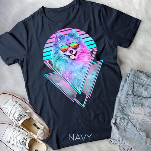 Pomeranian Dog Vintage Retro Vaporwave Beach Vibe T-Shirt Unisex T-shirt - Picture 6 of 11