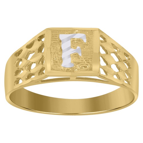 10kt Two-Tone Gold Unisex Diamond-Cut Textured Initial Letter F Band Ring