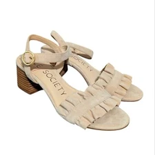 Sole Society Scyler Ruffle Toe Block Heel Sandal Suede Beige Size 5