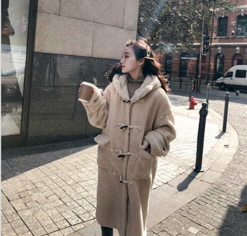 Women's Horn Buckle Thickening Lamb Fur Coat Winter Fur One Hooded Loose Chic - Picture 1 of 6
