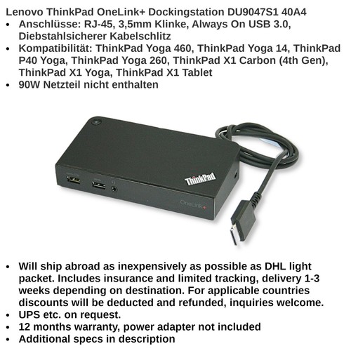Lenovo ThinkPad OneLink+Dock DU9047S1 40A4 USB 3.0 90W SD20H13054 03X6296 - Bild 1 von 4