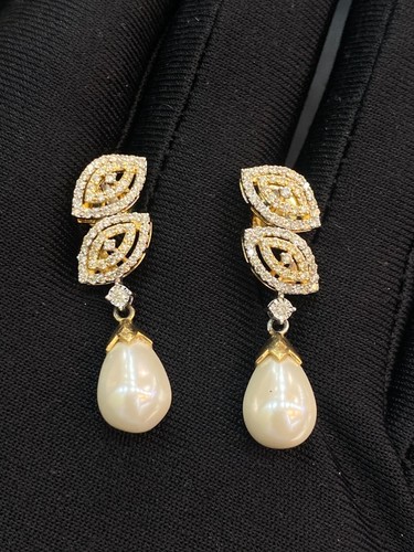 Pave 9.18 Cts Round Brilliant Diamonds Pearl Dangle Earrings 14K Two-Tone Gold - Picture 4 of 12