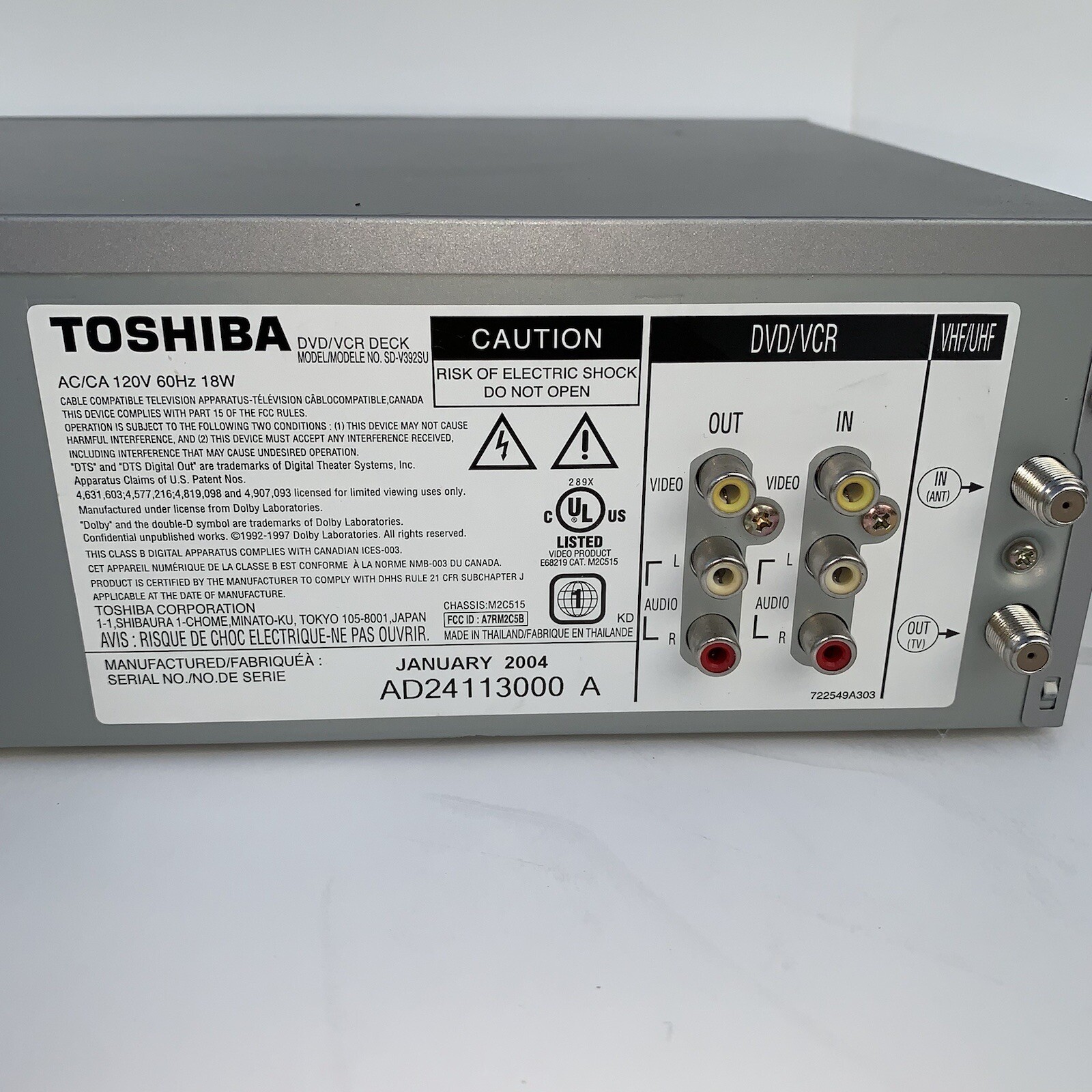 Toshiba SDV392 DVD VCR Combo Player VHS Recorder Tested Working No