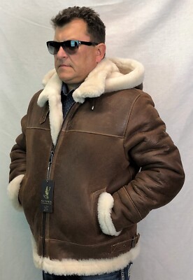 ESPRESSO /BEIGE 100% SHEEPSKIN SHEARLING LEATHER B3 Bomber Flight Jacket S-8XL