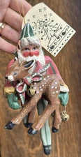 Vintage House of Hattan Enchanted Forest Ornament Santa & Reindeer 1988 7"