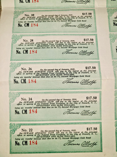 Lot of 3 vtg Newark Athletic Club mortgage bond certificates, 1942 & stock copy - Picture 7 of 18