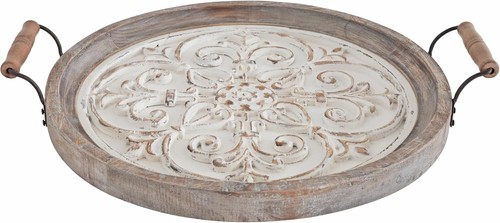 Hillrose 18" Round Wooden Tray, Rustic Brown/White Decorative Serving & Display - Picture 2 of 11