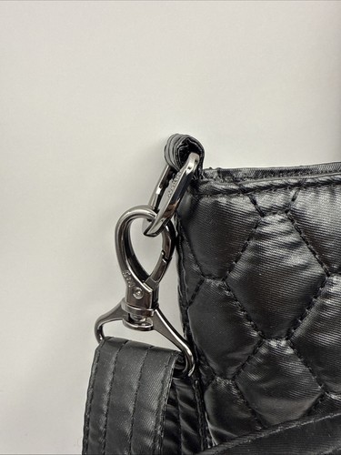 Lug Tip Toe Crossbdy Metallic Black Polyester Quilted Magnet Snap RFID Small Bag - Picture 9 of 9