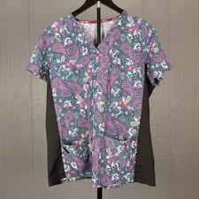 Divine Stretch Scrub Top Large Paisley Floral V Neck Medical Nurse Work Uniform