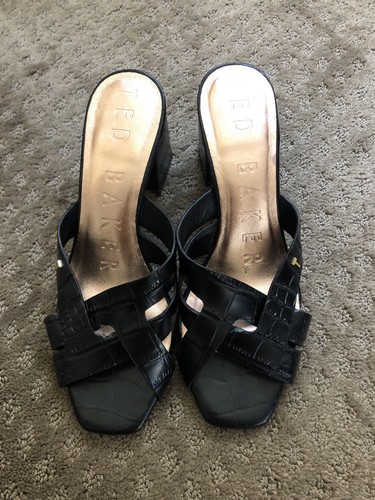 Ted Baker Black Leather X-Band Open Toe Stacked Heel Sandals Sz 39 - Picture 1 of 6