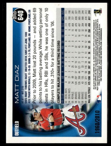 2010 Topps #640 Matt Diaz Gold #/2010 - Picture 2 of 2
