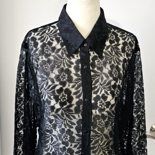 VTG Claudia Richard Blouse Top Black Sheer Floral Lace Collared Button Up Size M - Picture 2 of 13