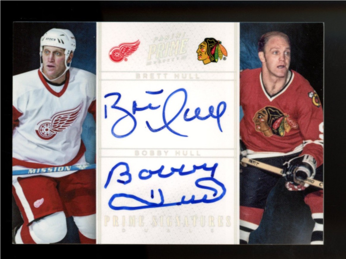 2011 PANINI PRIME #2 BOBBY HULL / BRETT SIGNATURES DUAL HOLOSILVER AUTO /5