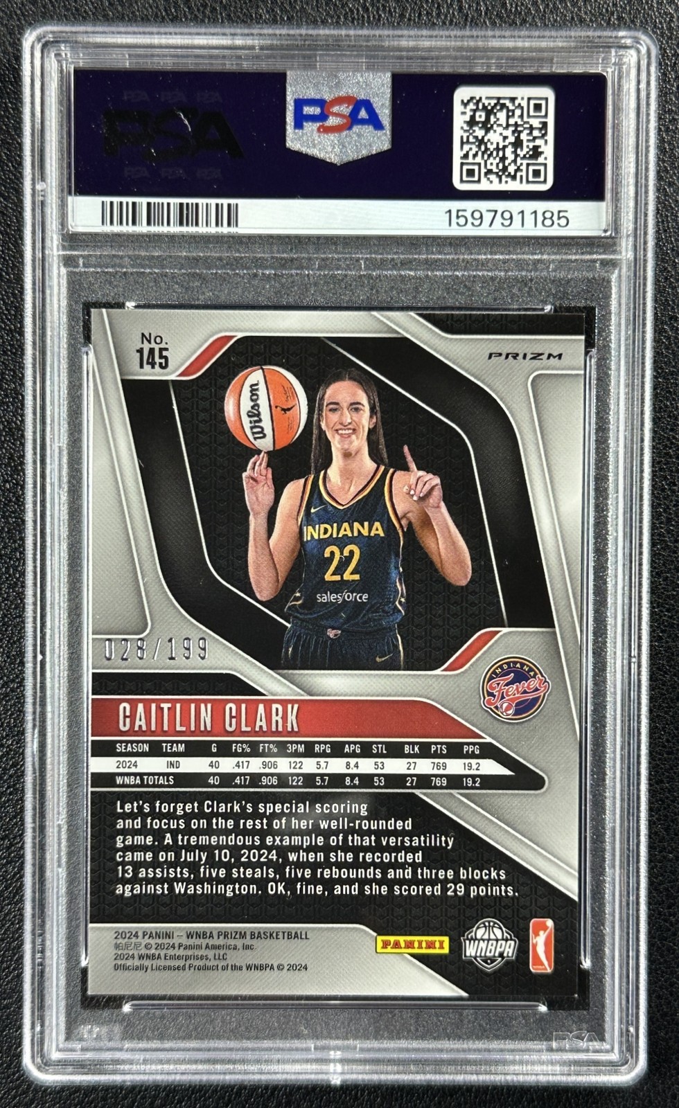 CAITLIN CLARK PSA 9 2024 PANINI WNBA PRIZM #145 ROOKIE BLUE RC 28/199 FEVER view 2