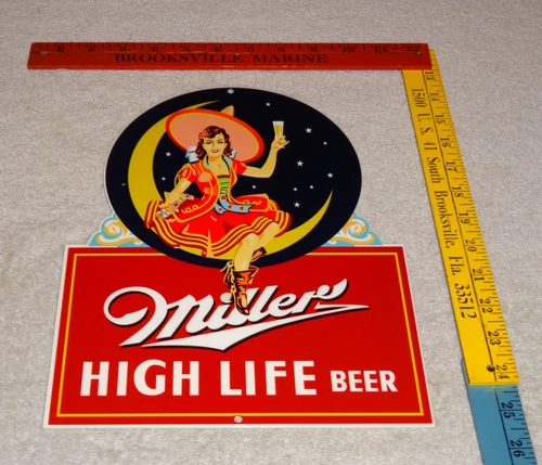 VINTAGE MILLER HIGH LIFE BEER WOMAN ON THE MOON 12" METAL BAR, GASOLINE OIL SIGN