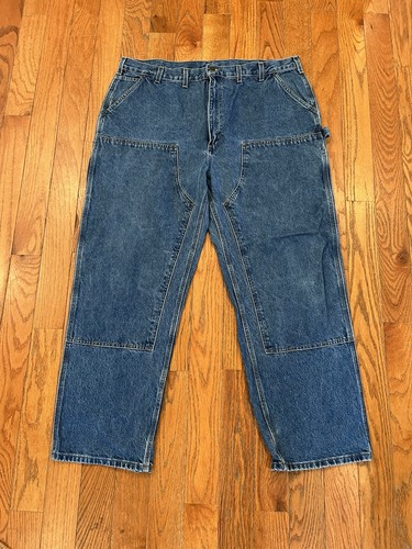 Carhartt Double Knee Carpenter Jeans Mens 44x32 Blue Denim Workwear B73-DST - Picture 3 of 9