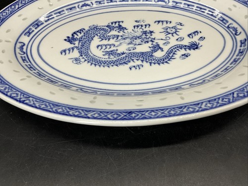 Jingdezhen Chinese Dragon Rice Grain Blue & White 9 3/4” Oval Plate - Picture 5 of 8