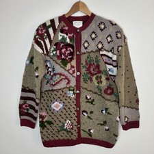 Vintage 90s Floral Patchwork Susan Bristol Wool Cottagecore Cardigan Sweater Sm