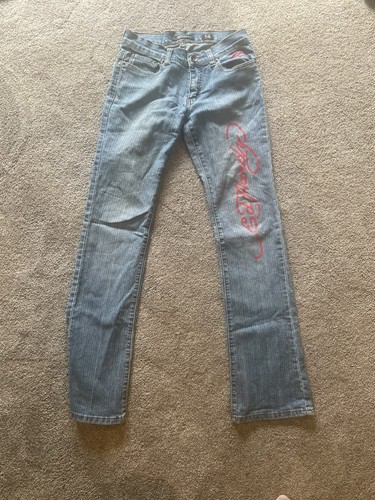 Ed Hardy RARE Y2K Skull Rose Straight Leg 5 Pocket Jeans Juniors Size 30 EUC - Picture 2 of 11
