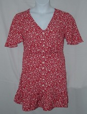 SHEIN Red Floral Sz 12 Lightweight Mock Button Up Popover Mini Dress NEW NWOT