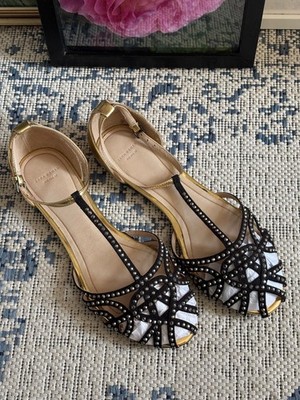 Zara Woman Leder Sandalen gold schwarz Nieten Riemchen T-stripe Flats Ballerina