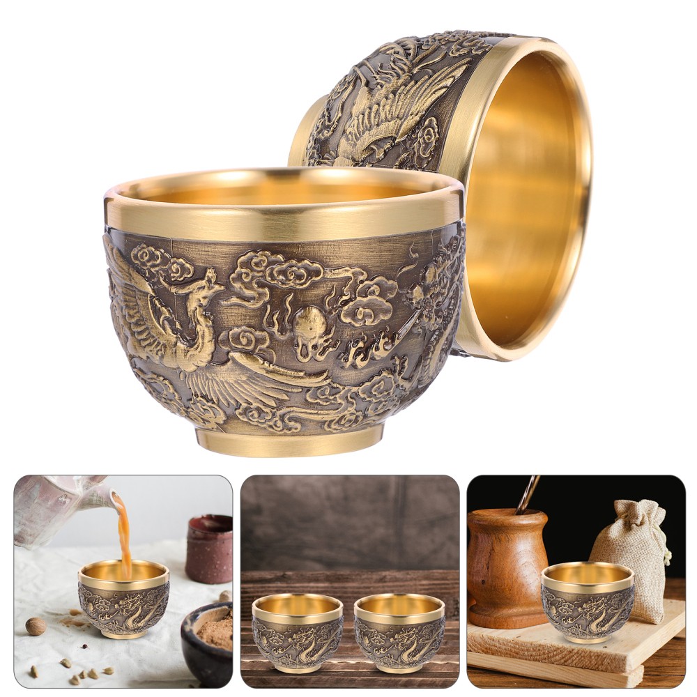 2 Pcs Teetasse Aus Kupfer Mit Drache Und Phönix Retro-Teegeschirr Vintage