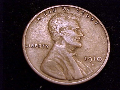 Centavo Lincoln 1910-S, grado muy fino.