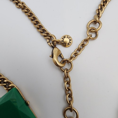 J. Crew Emerald Green Bib Necklace 16" Rhinestone Square Statement Antiqued Gold - Picture 4 of 7