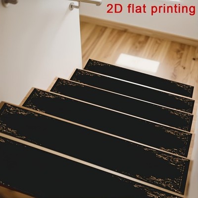 Elegant Black Golden Patterned 2D Flat Printed Stair Mats, Non-Slip Step Pads,