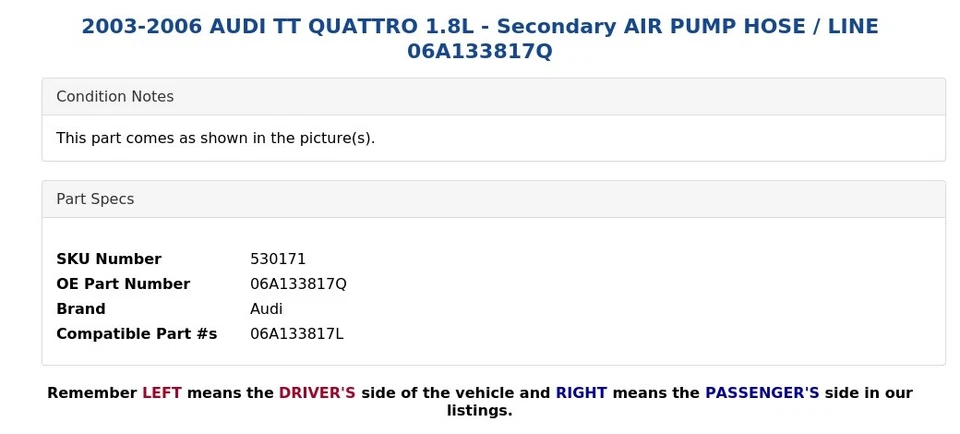 2003-2006 AUDI TT QUATTRO 1.8L - Secondary AIR PUMP HOSE / LINE 06A133817Q - Image 3 of 4