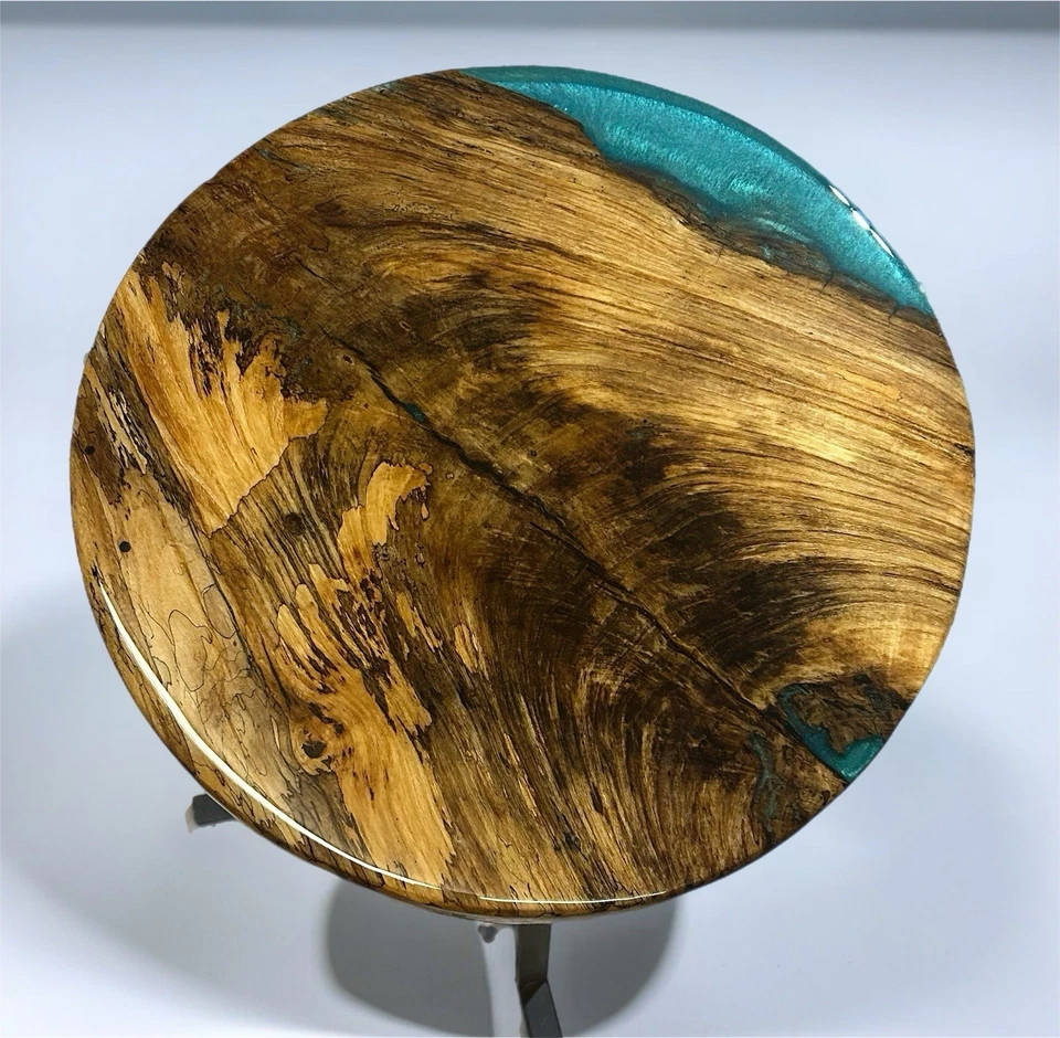 Handmade 18” Round Spalted Elm & Okinawa Blue Epoxy Side Table Top Only - Image 3 of 3