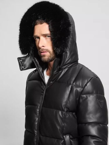 2024 WINTER GUESS FAUX LEATHER STRETCH PUFFA JACKET BLACK FUR HOOD SIZE SMALL - Picture 4 of 6
