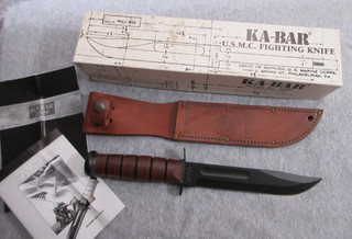 KA BAR USMC Olean NY fixed blade knife & KA BAR USMC sheath & box lot C