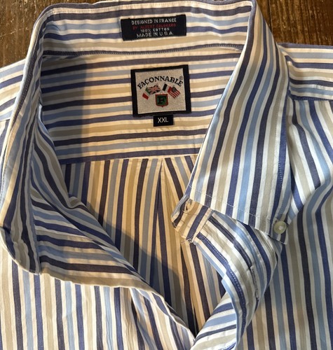 FACONNABLE Camisa Manga Corta, Bolsillo Lateral 100% Algodón Talla Grande Azul/Blanco - Imagen 3 de 6