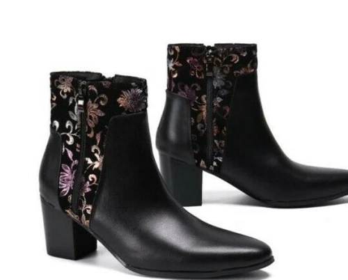 Herren Leder Punk Reißverschluss Spitz zulaufend Kubanisch Mittelhoch Seitlicher Reißverschluss Schuhe Ritter Stiefel - Bild 10 von 11