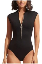 Seafolly Women's Standard Cap Sleeve Zip Front Swimsuit Black
