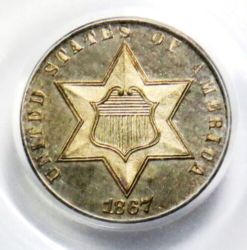 1867 USA SILVER PROOF THREE CENT 3C COIN GREEN LABEL PCGS PR 63 - Picture 2 of 4