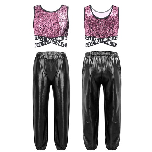 Kids Girls Tracksuit Sequins Hip Hop Criss-cross Crop Top With Pants Round Neck - Picture 22 of 68