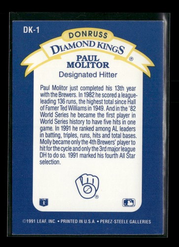 1992 Donruss #DK-1 Paul Molitor Diamond Kings - Picture 2 of 2
