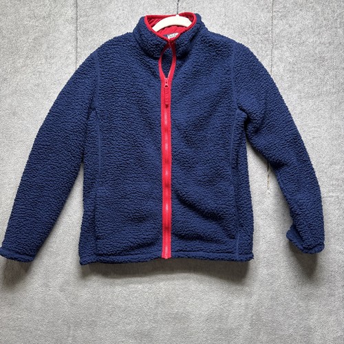 Lands End Fleece Jacket Kids Large 14-16 Blue Red Full Zip Mid Weight Anti Pill