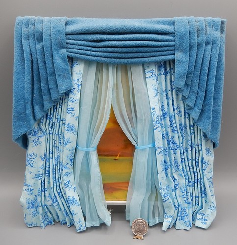 Vintage Blue Curtain Panel Dollhouse Miniature 1:12