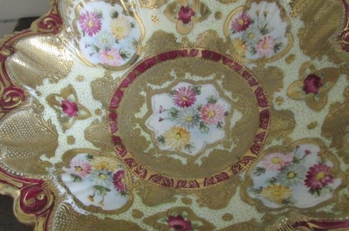 Nippon Maple Leaf Hand Painted Porcelain Serving Bowl Burgundy Red Gold Roses - Picture 3 of 8