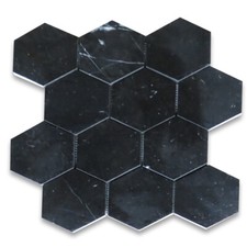 N34XP Nero Marquina Black Marble 4 inch Hexagon Mosaic Tile Polished