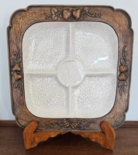 Treasure Craft Platter 1959 Divided USA Raku Crackle Glaze Veggies & Dip Vintage