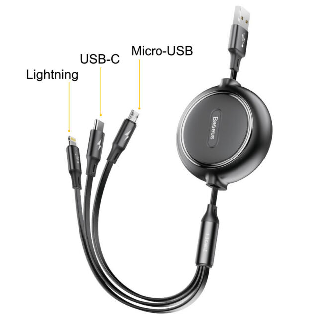 Baseus 3 in 1 USB C Cable Retractable Fast Charger for iPhone Type C Micro 1.2m Baseus 3 in 1 USB C Cable Retractable Fast Charger for iPhone Type C Micro 1.2m