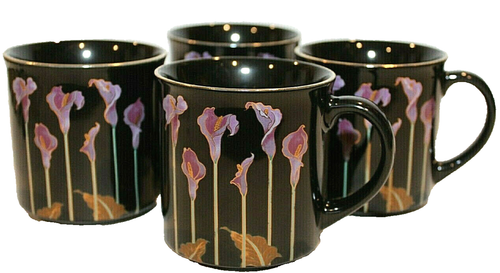 Japanischer Kaneyama Stil Kaffeebecher schwarz Porzellan mit hohem Blumendekor unbenutzt - Bild 2 von 10