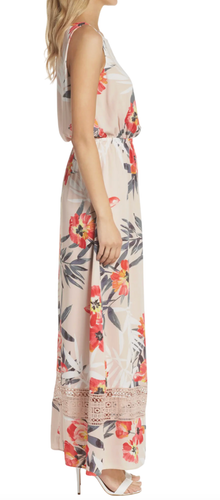 ADRIANNA PAPELL LIGHT PINK TROPICAL BREEZE PRINT KEYHOLE CROCHET MAXI DRESS 14 - Picture 5 of 15