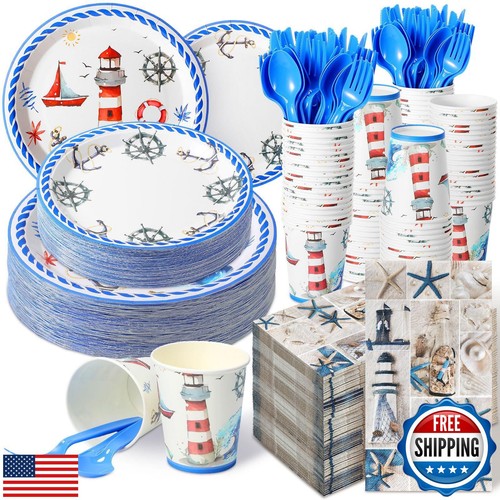 Sinmoe 400 Pcs Summer Plates and Napkins Set Summer Paper Dinnerware Disposab